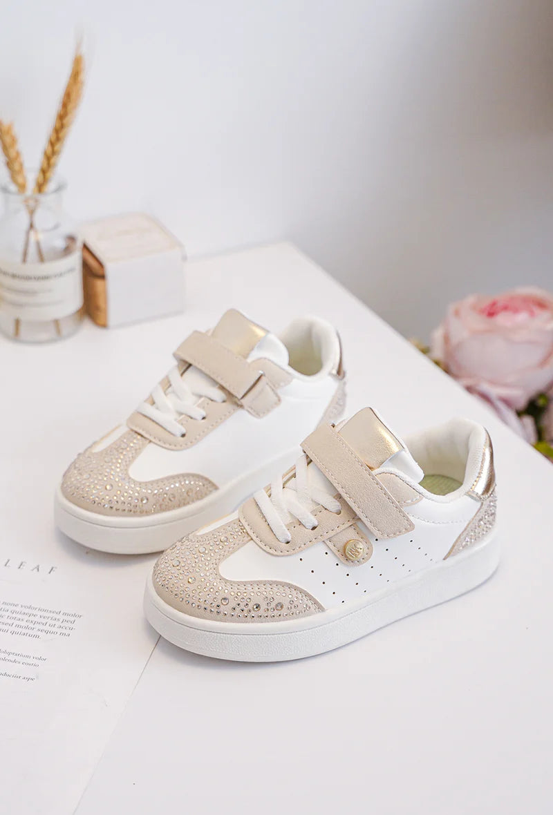 Baskets Enfant Strass – Chaussures Enfant – Blanc et Beige – Élégantes et Confortables