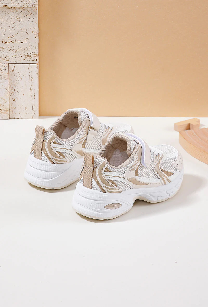 Baskets Enfant à Scratch – Chaussures Sport Enfant – Confortables et Légères – Beige et Blanc