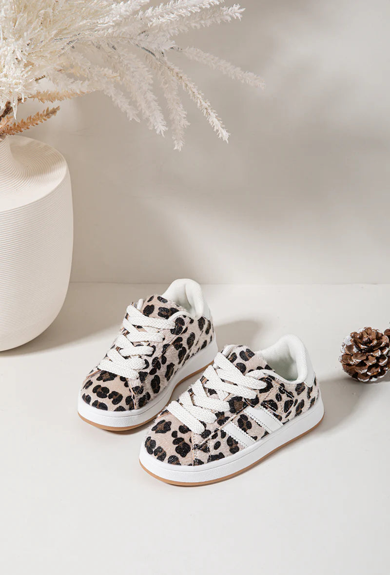 Baskets enfant à lacets léopard beige et blanc – Chaussures confortables et tendance pour le quotidien
