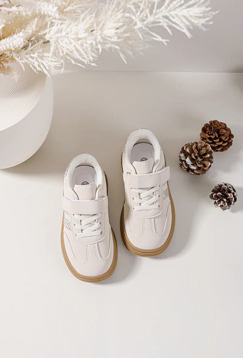 Baskets Enfant à Scratch – Chaussures Enfant – Beige et Argent – Semelle Épaisse