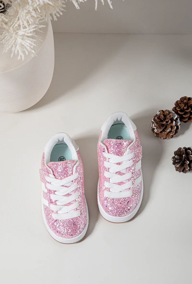 Baskets Enfant à Scratch – Chaussures Enfant – Confortables et Légères – Rose Pailleté et Blanc