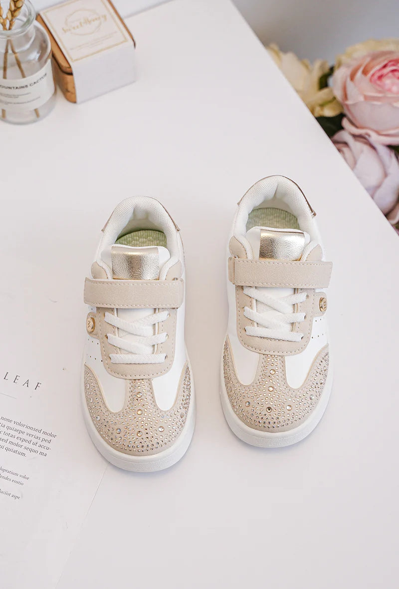 Baskets Enfant Strass – Chaussures Enfant – Blanc et Beige – Élégantes et Confortables
