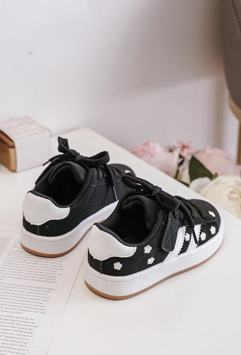 Baskets Enfant à Scratch – Chaussures Enfant – Confortables et Légères – Noir à Motifs Fleurs