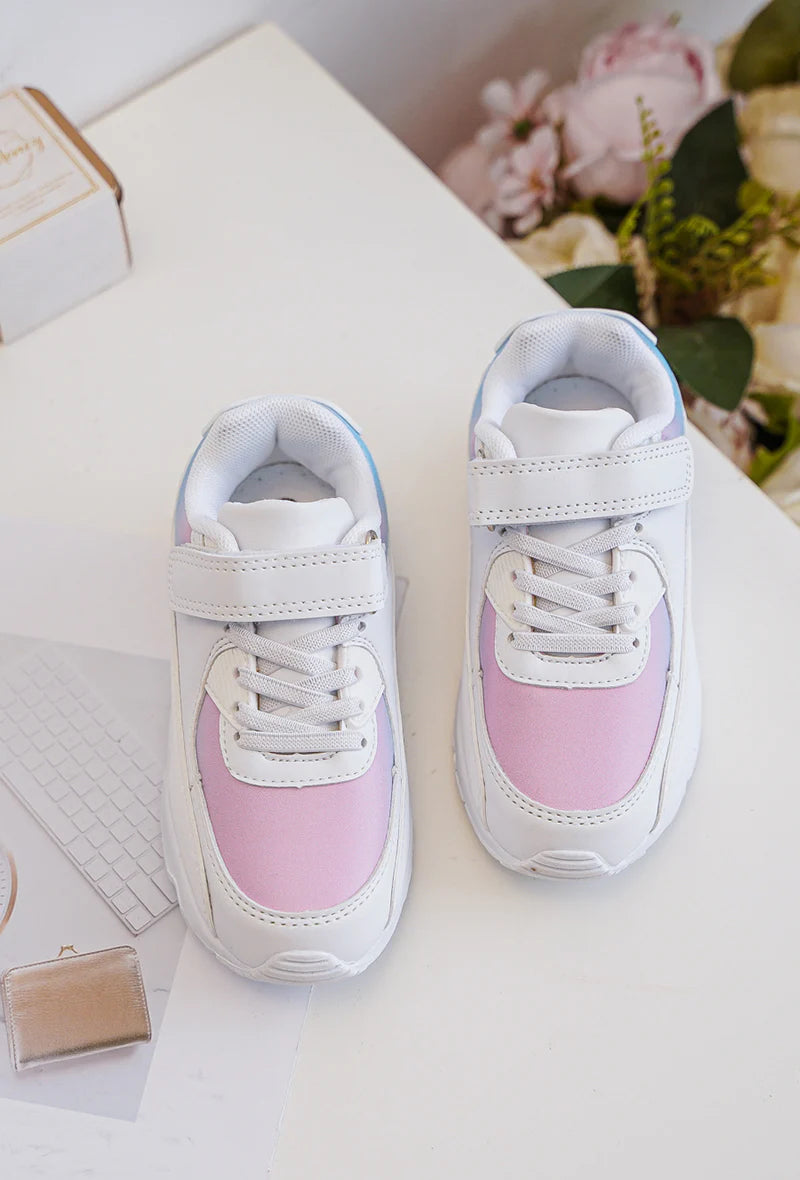 Baskets Enfant à Scratch – Chaussures Sport Enfant – Confortables et Légères – Blanc, Rose et Bleu