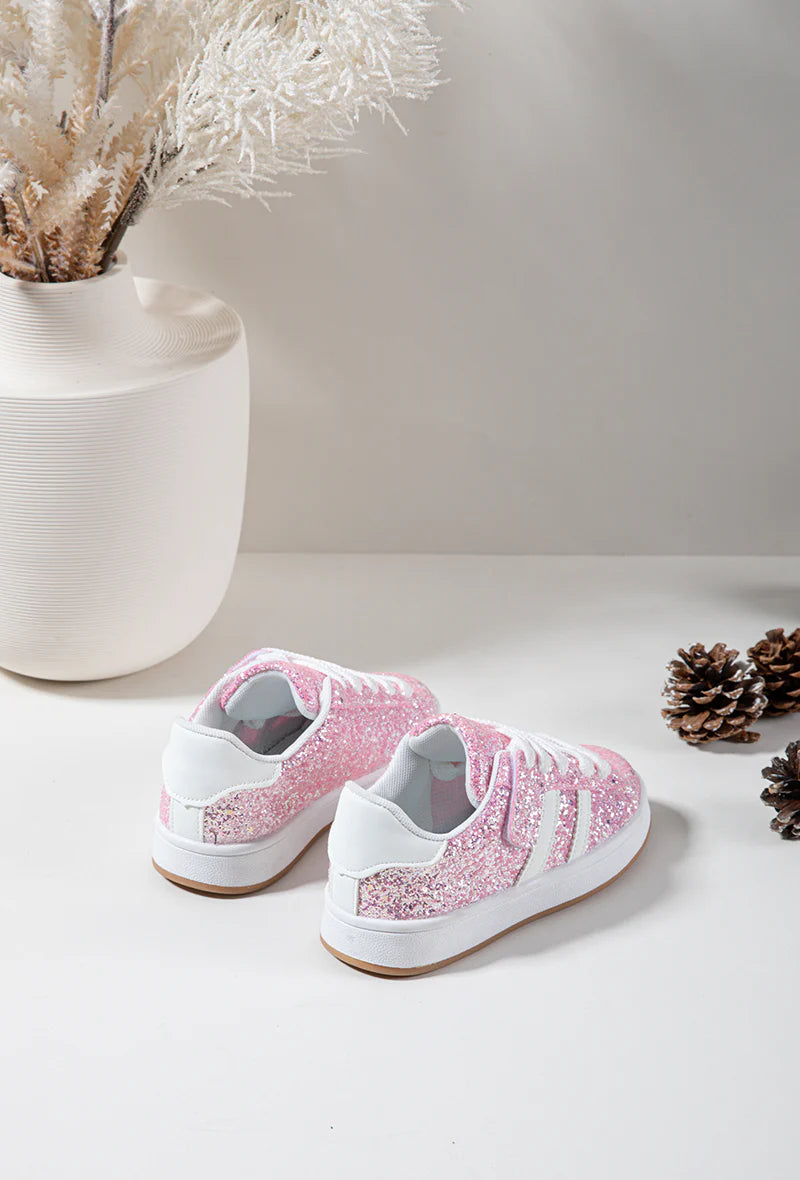 Baskets Enfant à Scratch – Chaussures Enfant – Confortables et Légères – Rose Pailleté et Blanc