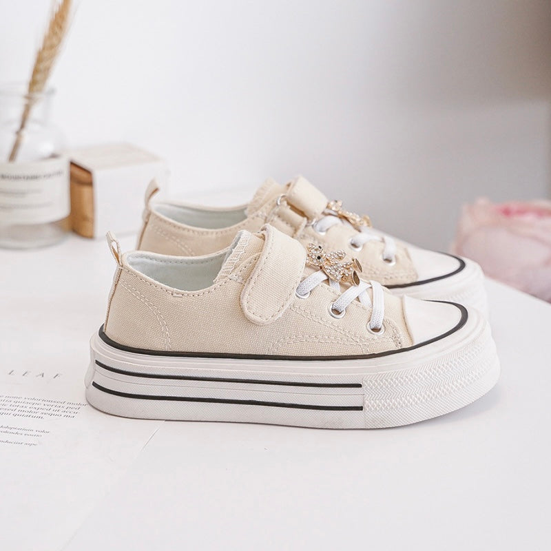 Baskets Enfant Toile à Scratch – Chaussures Casual Fille – Semelle Plateforme Confort – Beige avec Détail Papillon