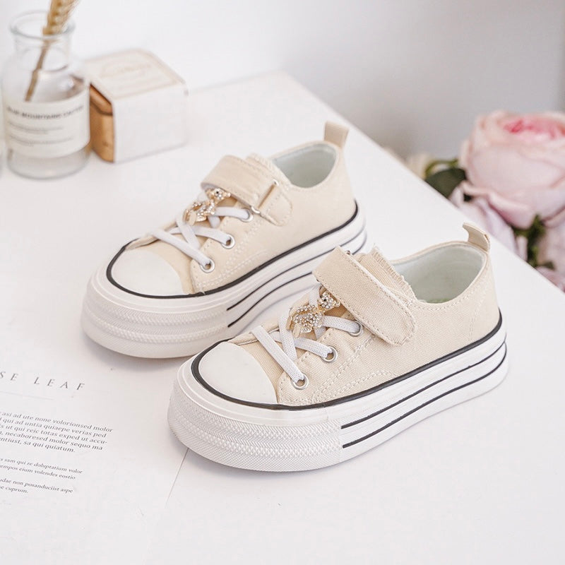 Baskets Enfant Toile à Scratch – Chaussures Casual Fille – Semelle Plateforme Confort – Beige avec Détail Papillon