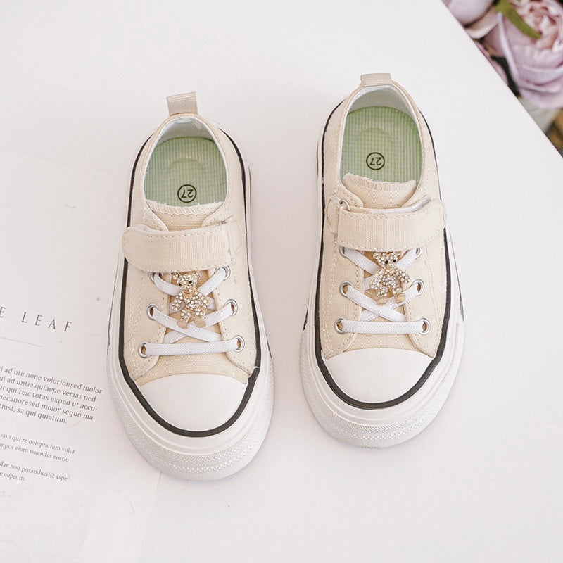 Baskets Enfant Toile à Scratch – Chaussures Casual Fille – Semelle Plateforme Confort – Beige avec Détail Papillon