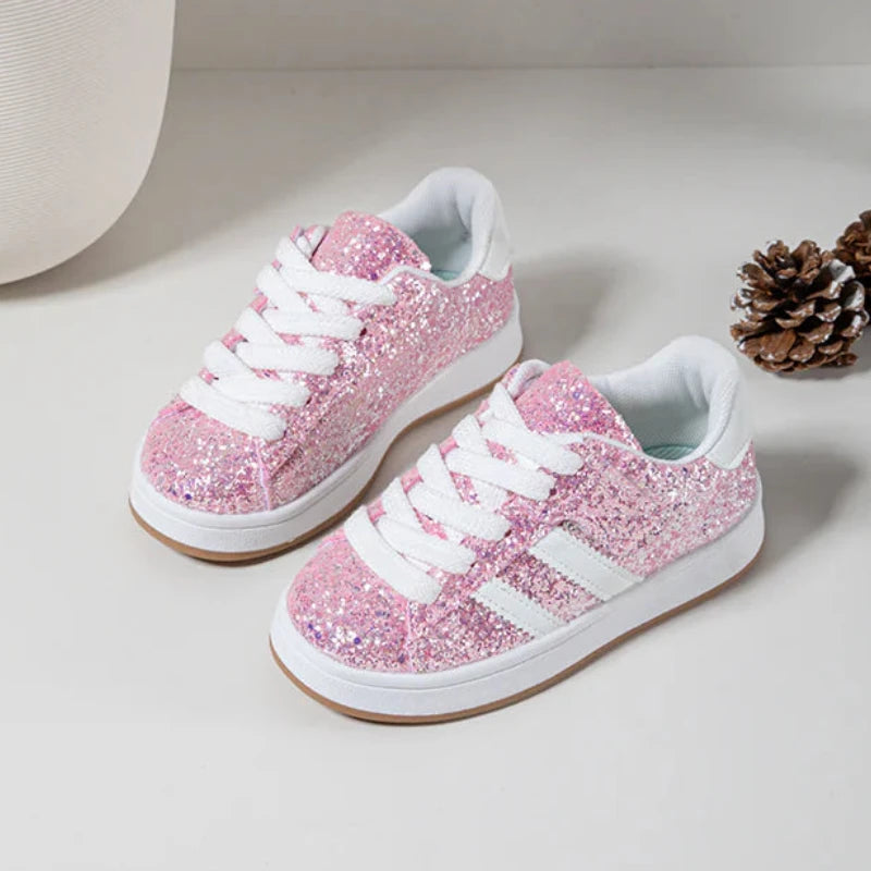 Baskets Enfant Pailletées – Chaussures Enfant Rose – Lacets – Semelle Confort