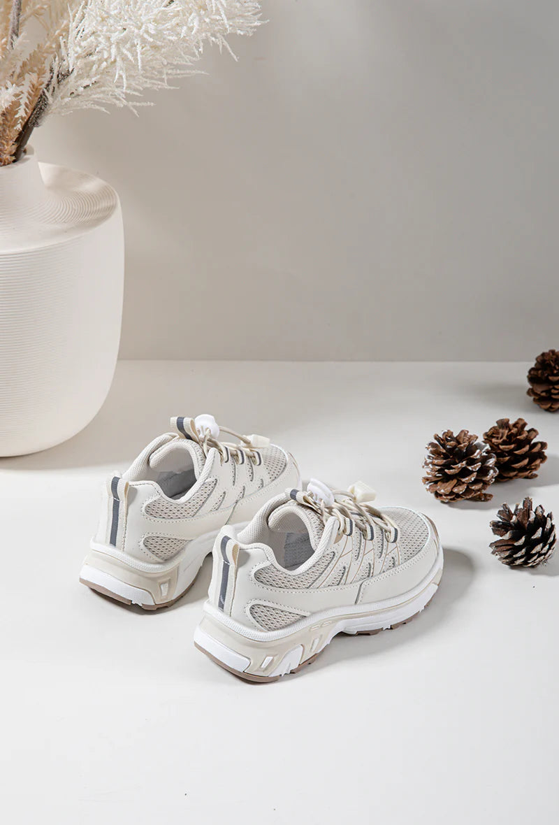 Baskets Enfant à Lacets – Chaussures Sport Enfant – Confortables et Légères – Beige et Blanc