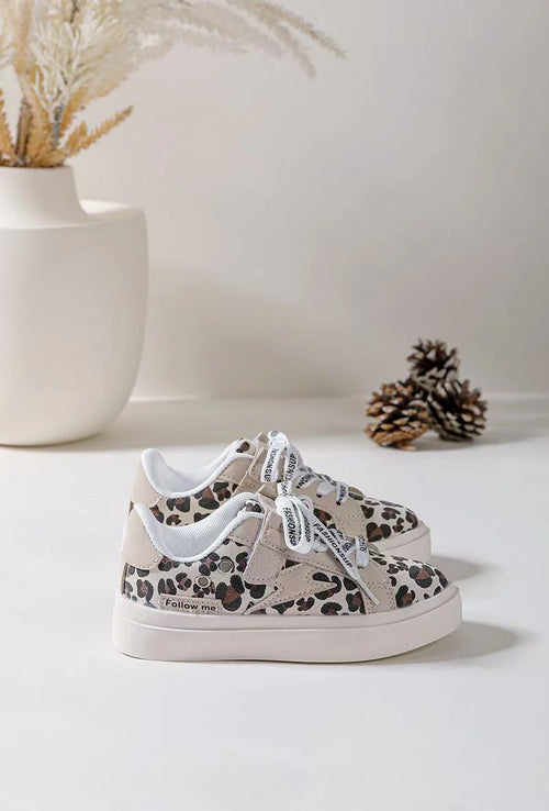 Baskets Enfant à Lacets – Chaussures Enfant – Confortables et Légères – Motif Léopard Beige