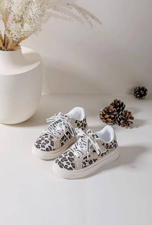 Baskets Enfant à Lacets – Chaussures Enfant – Confortables et Légères – Motif Léopard Beige