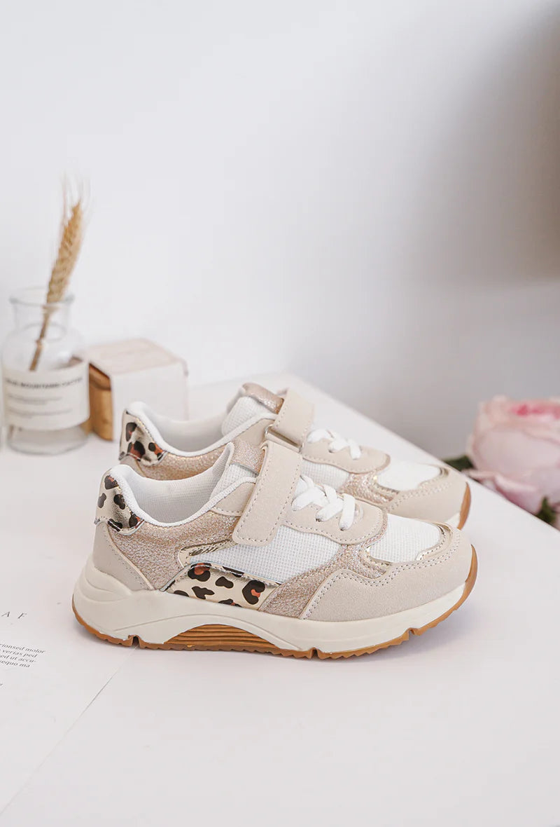 Baskets enfant beige à scratch avec détails léopard – Sneakers confort semelle