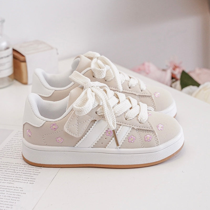 Baskets Enfant à Scratch – Chaussures Fille Broderie Fleur – Semelle Confort Antidérapante – Beige & Blanc
