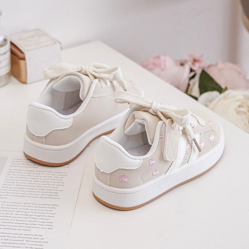 Baskets Enfant à Scratch – Chaussures Fille Broderie Fleur – Semelle Confort Antidérapante – Beige & Blanc