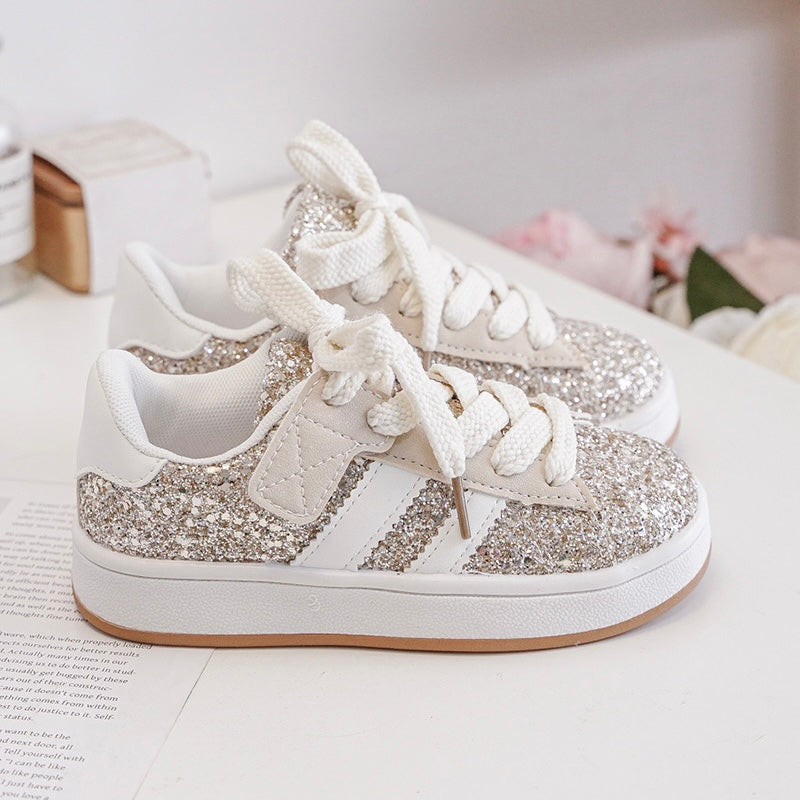 Baskets Enfant à Scratch Pailletées – Chaussures Fille Brillantes – Semelle Confort Antidérapante – Blanc & Argent