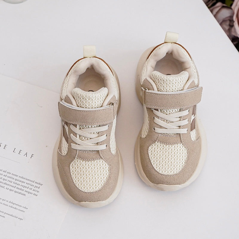 Baskets Enfant à Scratch – Chaussures Légères et Respirantes – Semelle Épaisse Confort – Beige & Détail Marron