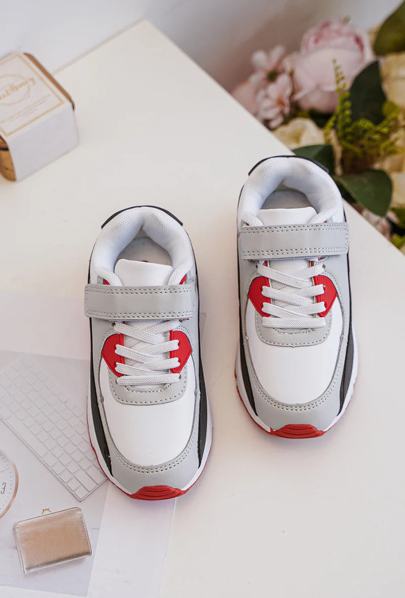 Baskets Enfant à Scratch – Chaussures Sport Enfant – Confortables et Légères – Blanc, Gris et Rouge