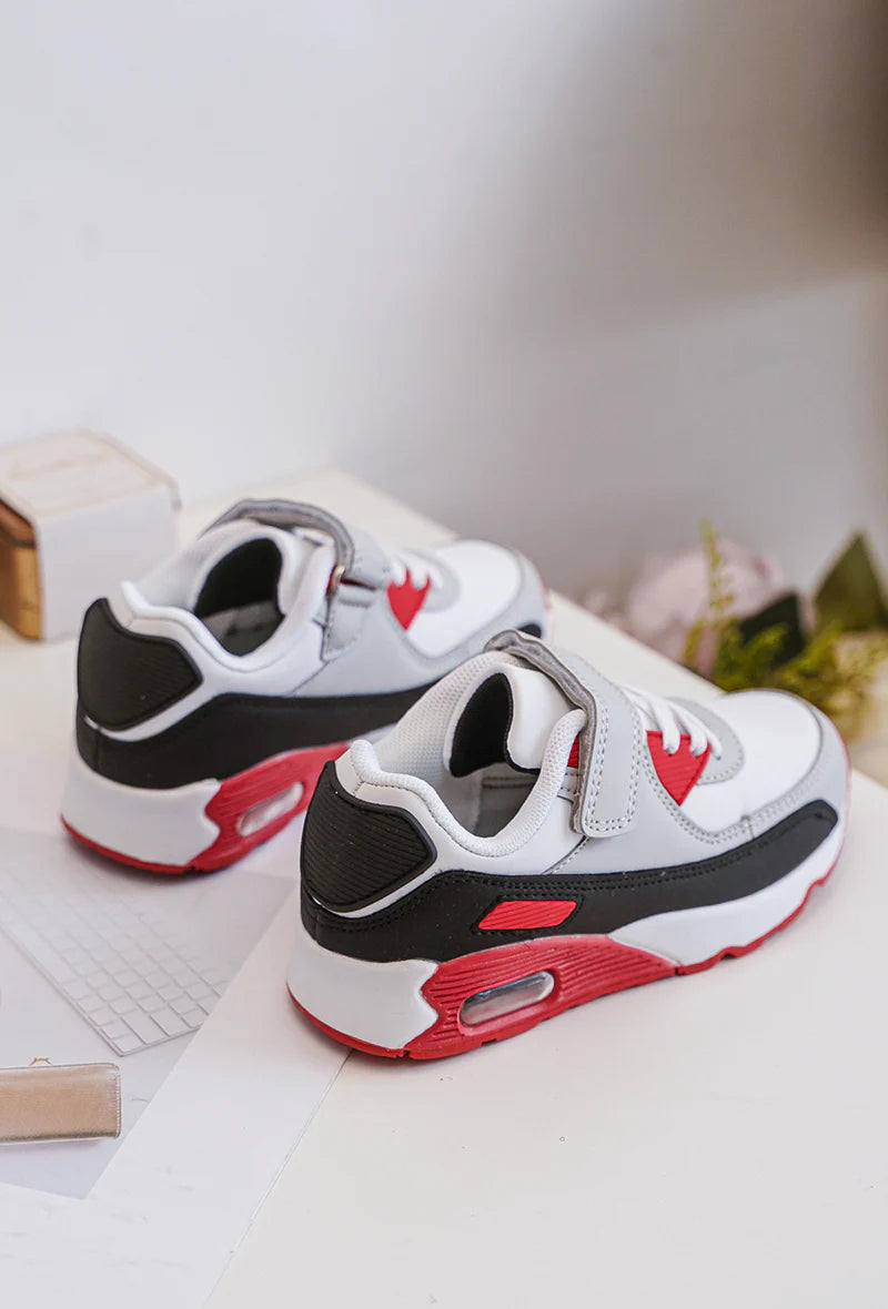 Baskets Enfant à Scratch – Chaussures Sport Enfant – Confortables et Légères – Blanc, Gris et Rouge